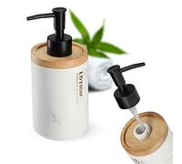 KADAX Dispensador de jabón, dispensador de jabón de mano de 7,5 cm, diseño de mármol, dosificador de jabón de plástico con tapa de bambú, dispensador de bomba en dos colores, accesorio de (blanco)