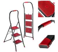KADAX Escalera de acero plegable, 3 peldaños con peldaños antideslizantes, soporta hasta 150 kg, color negro y rojo