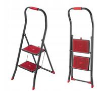 KADAX Escalera plegable de acero de 2 peldaños con peldaños antideslizantes, soporta hasta 150 kg, color negro y rojo, con seguridad plegable y pasamanos