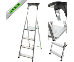 KADAX Escalera de Aluminio con 4 Peldaños Antideslizantes, Capacidad de Carga de 125 kg, Soporte para Herramientas y Diseño Plegable para Uso Doméstico
