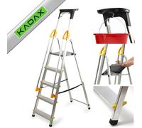 KADAX Escalera de aluminio con 5 peldaños, plegable con pasamanos, soporta hasta 150 kg, escalera con compartimento para cepillos y pies antideslizantes