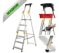 KADAX Escalera de aluminio con 6 peldaños, plegable con pasamanos, soporta hasta 150 kg, escalera con compartimento para cepillos y pies antideslizantes