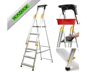 KADAX Escalera de aluminio con 6 peldaños, plegable con pasamanos, soporta hasta 150 kg, escalera con compartimento para cepillos y pies antideslizantes