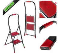 KADAX Escalera plegable de acero de 2 peldaños con peldaños antideslizantes, soporta hasta 150 kg, color negro y rojo, con seguridad plegable y pasamanos