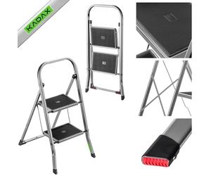 KADAX Escalera plegable de acero de 2 peldaños con peldaños antideslizantes, soporta hasta 150 kg, plegable con pasamanos