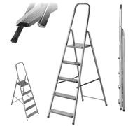 KADAX Escalera plegable de acero de 5 peldaños con patas antideslizantes y estante, escalera de un lado para el hogar y el jardín