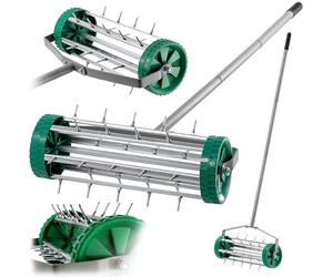KADAX Escarificador manual, aireador de césped de acero resistente, aireador manual con clavos de 3,3 cm, aireador de suelo con mango ergonómico, rodillo de púas robusto (148 cm)