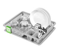 KADAX Escurreplatos de plástico, con cesta para cubiertos, bandeja de goteo, 38 x 30 x 7 cm, escurridor de vajilla, soporte para platos, soporte para utensilios de cocina para platos, vasos, cubiertos