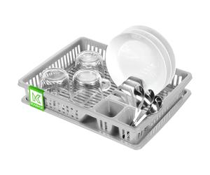 KADAX Escurreplatos de plástico, con cesta para cubiertos, bandeja de goteo, 38 x 30 x 7 cm, escurridor de vajilla, soporte para platos, soporte para utensilios de cocina para platos, vasos, cubiertos