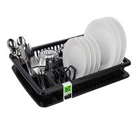 KADAX Escurreplatos de plástico, con cesta para cubiertos, cesta de vajilla, 46,5 x 37 x 8,3 cm, bandeja escurridora, soporte para vajilla, estante para platos, vasos y cubiertos (Antracita)