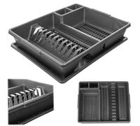 KADAX Escurreplatos de plástico con cesta para cubiertos y bandeja de goteo, 42 x 34,5 x 8,5 cm, estante para platos, vasos, cubiertos (plata)