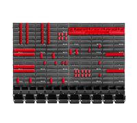 KADAX Estantería de pared para taller, 116 x 78 cm, sistema de almacenamiento de plástico resistente, resistente a los rayos UV, paneles de pared ampliables, estantería (rojo y negro, 67 piezas)