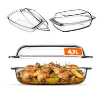 KADAX Fuente de horno, Cacerola con Tapa, Fuente de Cristal para asar, Lasaña, con Mangos, Bandeja de Cocina de Vidrio, transparente Aptas para Nevera y Congelador (rectangular, 4,1 L)
