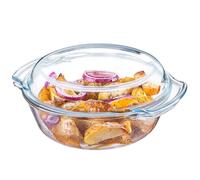 KADAX Fuente de horno de cristal resistente al calor, recipiente refractario, fuente de cristal con tapa y asas, vajilla para asar, horno, cocina eléctrica, para lasaña, carne, transparente (redonda