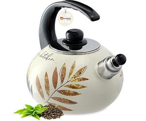 KADAX Hervidor de Agua 2.2L, Tetera de Acero Esmaltado con Silbato para Cocina de Gas y Inducción, Ideal para Té, Café y Bebidas Calientes (Hojas)