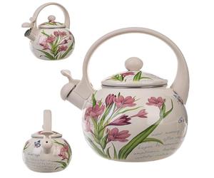 KADAX Hervidor de Agua 2.2L, Tetera de Acero Esmaltado con Silbato para Cocina de Gas y Inducción, Ideal para Té, Café y Bebidas Calientes (Flores rosas)