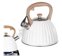 KADAX Hervidor de agua de 2,8 l de acero inoxidable, con silbato, tapa y mango resistente al calor en imitación de madera, hervidor de flauta para todo tipo de fuegos (blanco)