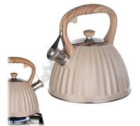 KADAX Hervidor de agua de acero inoxidable de 2,8 l, tetera con cañón, tapa y mango resistente al calor en aspecto de madera, jarra de flauta para todos los tipos comunes de cocinas (beige)