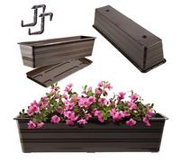 KADAX Jardinera de 60 cm con posavasos y 2 asas, color marrón, maceta de balcón de plástico, resistente a la intemperie, maceta, maceta, barandilla para flores, hierbas