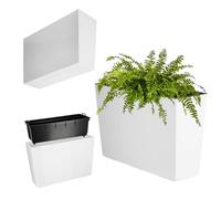 KADAX - Jardinera de plástico, 18,5 x 55,7 cm, 5 colores, maceta con cintas de riego, jardinera de balcón con inserto para exterior, color blanco, rectangular, brillante