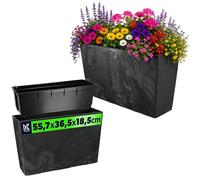 KADAX - Jardinera de plástico, 18,5 x 55,7 cm, 5 colores, maceta con cintas de riego, maceta de balcón con inserción, para exterior, color negro y rectangular, diseño de hormigón
