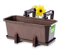 KADAX Jardinera Elegante con Plato y Soporte Robusto para Barandilla de Balcón, Maceta Rectangular de Plástico, Macetero Colgante (Marrón, 40 cm)