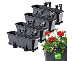 KADAX Jardineras Elegantes con Platos y Soportes para Barandillas de Balcón, Macetas Rectangulares de Plástico, Maceteros Colgantes (4: Grafito, 40 cm)