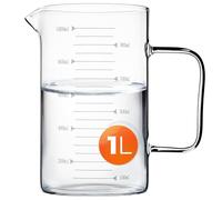 KADAX Jarra medidora de cristal de 1 litro, vaso medidor de vidrio de borosilicato resistente al calor, vaso medidor de cristal con boquilla, mango y escala fácil de leer, apto para lavavajillas
