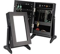 KADAX Joyero con espejo, 21 x 15 x 30,5 cm, caja de tablero de fibra de densidad media, joyero con pies, caja de joyería para collares, anillos (negro)