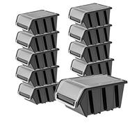 KADAX Juego de 10 cajas apilables con tapa, cajas de almacenamiento de plástico PP, en diferentes tamaños y colores, cajas de almacenamiento con solapa para pared de herramientas (negro, 195 x 120 mm)