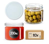 KADAX Juego de 10 tarros de mermelada de 330 ml con tapas roscadas en blanco - tarros herméticos para mermeladas, postres, chutneys y encurtidos