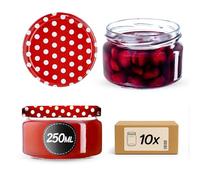 KADAX Juego de 10 tarros para mermelada de 250 ml con tapa de rosca Ø 82 mm en rojo con lunares - Herméticos, aptos para lavavajillas, ideales para mermeladas, chutneys, verduras encurtidas, carnes
