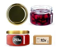 KADAX Juego de 10 tarros para mermelada de 250ml con tapa de rosca Ø 82 mm en oro - hermético, apto para lavavajillas, ideal para mermelada, chutneys, verduras encurtidas, carne, pasteles y alimentos