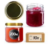 KADAX Juego de 10 Tarros Pequeños de 200 ml, Botes de Cristal con Tapa Hermética de 66 mm para Miel, Conservas, Especias y Mermeladas (Dorado)