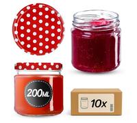 KADAX Juego de 10 Tarros Pequeños de 200 ml, Botes de Cristal con Tapa Hermética de 66 mm para Miel, Conservas, Especias y Mermeladas (Puntos Rojos)