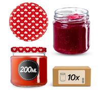 KADAX Juego de 10 Tarros Pequeños de 200 ml, Botes de Cristal con Tapa Hermética de 66 mm para Miel, Conservas, Especias y Mermeladas (Corazones)