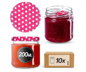 KADAX Juego de 10 Tarros Pequeños de 200 ml, Botes de Cristal con Tapa Hermética de 66 mm para Miel, Conservas, Especias y Mermeladas (Puntos Rosas)