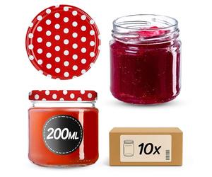KADAX Juego de 10 Tarros Pequeños de 200 ml, Botes de Cristal con Tapa Hermética de 66 mm para Miel, Conservas, Especias y Mermeladas (Puntos Rojos)