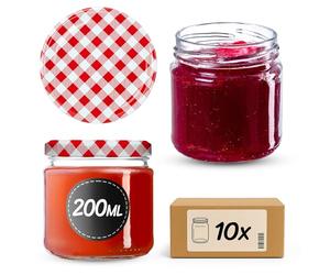 KADAX Juego de 10 Tarros Pequeños de 200 ml, Botes de Cristal con Tapa Hermética de 66 mm para Miel, Conservas, Especias y Mermeladas (Cuadros Rojos)