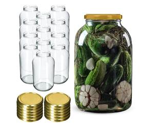 KADAX Juego de 12 Tarros de Cristal 4L con Tapa de Rosca fi100mm para Pepinillos, Kombucha, Kimchi, Conservas, Fermentar, Encurtir, Boca Ancha (Dorado)