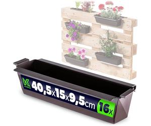 KADAX Juego de 16 jardineras para palés con sistema de suspensión, 37 x 9 cm, marrón, para plantar y decorar como maceta de balcón, maceta para palés europeo, inserto para maceta y macetero en