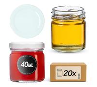 KADAX Juego de 20 tarros de cristal de 40 ml con tapa de rosca TO43, color blanco, tarros de especias, tarros de prueba y tarros de mermelada, herméticos y aptos para lavavajillas