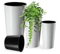 KADAX Juego de 3 Cache-Pots decorativos Blanco Brillante H 14,5/18,5/22,6 pulgadas, Plástico con destellos de Madera, Inserto extraíble - Estilo minimalista para decoración Moderna
