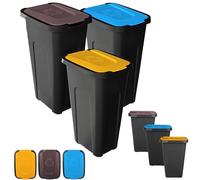 KADAX Juego de 3 cubos de basura de 30 litros, para sistema de separación de basura, cubo de basura de plástico con tapa abatible (3 marrones, amarillo y azul)