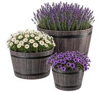 KADAX Juego de 3 Maceta Estilo Barril de Madera ø30cm + 40cm + 50cm, Aprox. 80L, plástico Resistente Intemperie, Marrón, Decorativa para Jardín, Terraza y Balcón