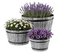 KADAX Juego de 3 Maceta Estilo Barril de Madera ø30cm + 40cm + 50cm, Aprox. 80L, plástico Resistente Intemperie, Gris Claro, Decorativa para Jardín, Terraza y Balcón