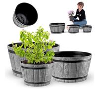 KADAX Juego de 3 macetas con diseño de barril de madera, ø 30cm + 40cm + 50cm, de plástico resistente a la intemperie, para jardín, terraza y balcón, maceta decorativa, gris claro