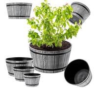 KADAX Juego de 3 macetas con diseño de barril de madera, diámetro de 30 cm + 40 cm + 50 cm, de plástico resistente a la intemperie, para jardín, terraza y balcón, maceta decorativa, color gris claro