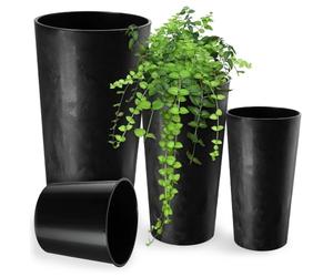 KADAX Juego de 3 macetas con virutas de madera, elegante maceta con inserto extraíble, protector de maceta para oficina, macetero, macetero, macetero, cuenco de jardín (hormigón negro)