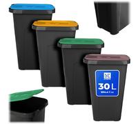 KADAX Juego de 4 cubos de basura de 30 l, para sistema de separación de basura, cubo de basura de plástico con tapa abatible (marrón, verde, amarillo, azul)